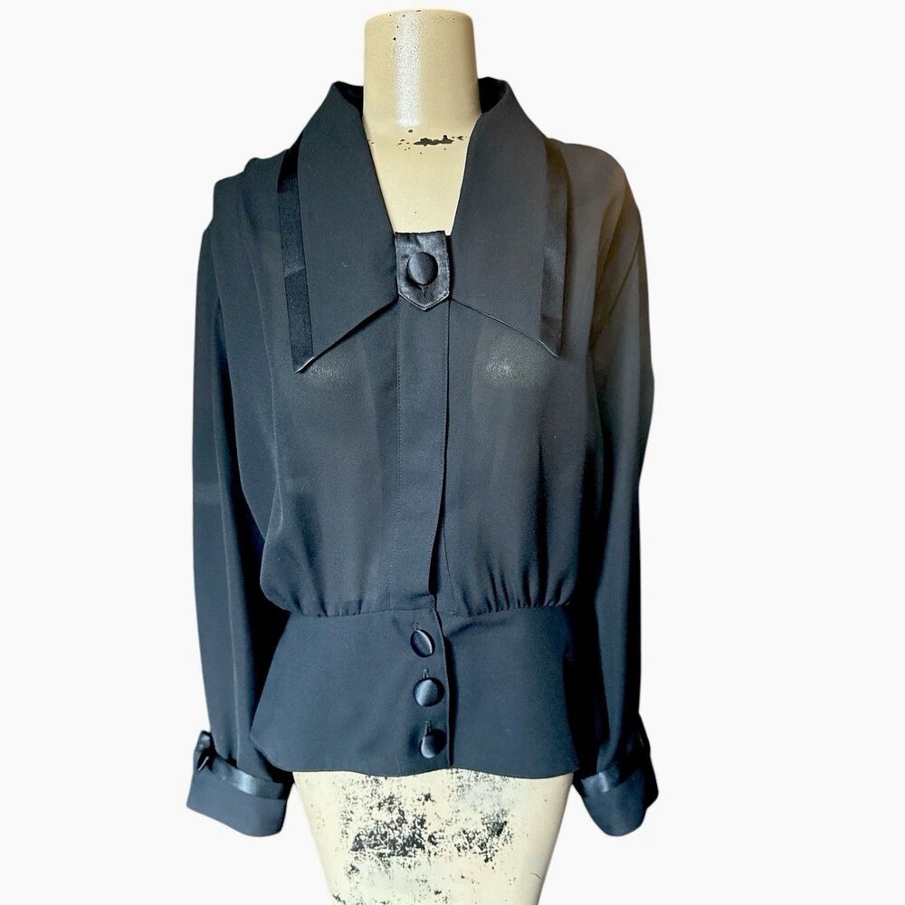 CARON Chicago 80’s Black Sheer Satin Trimmed Pleated Tuxedo Sash Balloon Blouse
